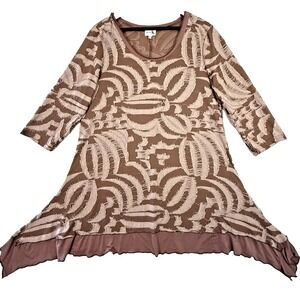 Shana K Women Tunic Top  XL Brown Textured Western Stretch Knit Handkerchief Hem